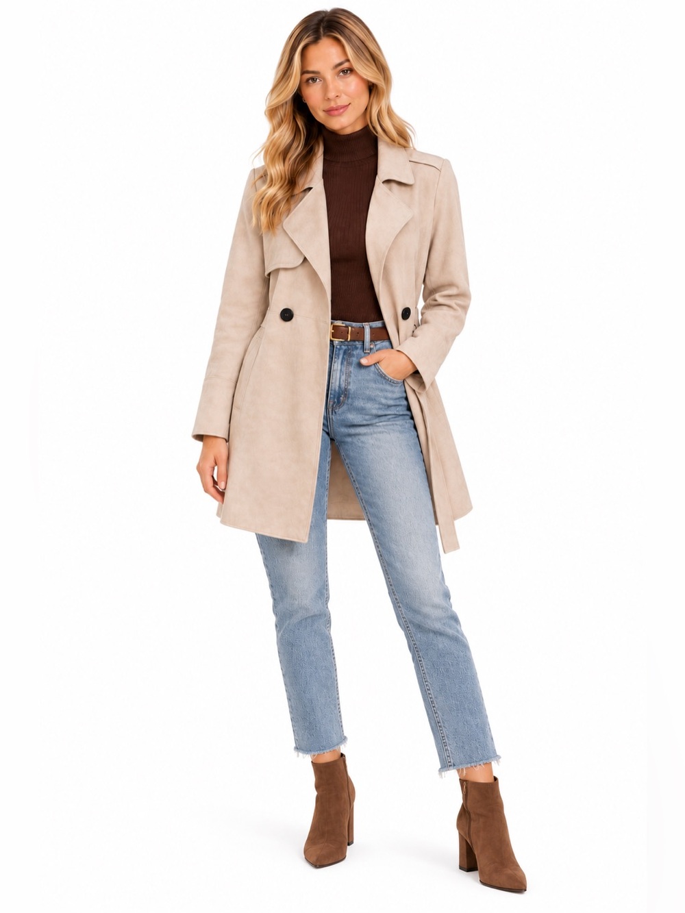 Zara Beige Faux Suede Belted Trench Coat Jacket | Size XS